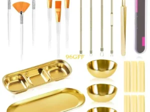 96GF 29Pcs Esthetician Supplies 6 Blackhead Remover Tools 3 Stainless Steel Gold Mixing Bowls 3 Compartment Serving Tray