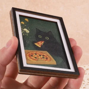 Exquisite Mini 3-Layer Photo Frame Fridge Magnet, Black Cat & Pizza Pattern, Fun Home Decor, Unique Exquisite Holiday Gift