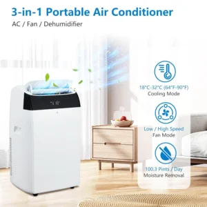 14000 BTU Portable Air Conditioners, 3-In-1 Free Standing Cooling AC Unit With Fan, Dehumidifier, Remote Control, Sleep Mode