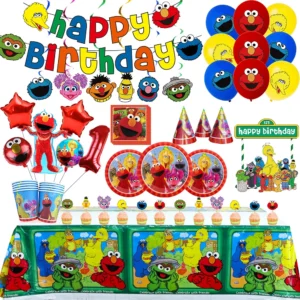 Cartoon Sesames Street Birthday Party Decor Elmo and Friends Theme Tablecloth Plate Balloon Set Cake Decor Baby Shower
