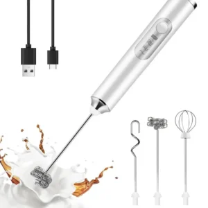 Rechargeable Handheld Milk Frother with 3 Heads & 3 Speeds – Electric Coffee Mixer, Detachable Stainless Steel Whisk for Latte, Cappuccino, Matcha, Eggs (Black)