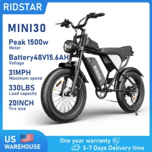 Ridstar Electric Bike for Adults Peak 1500W 31 MPH 48V 15.6AH MINI30 E-Bike Electric Bicycle 20x4" Fat Tire Mountain Bike