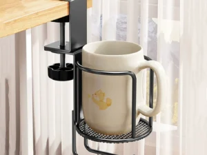2 in 1 No Drill Desk Cup Holder Adjustable Upgraded Arm Clamp Stand 360 Degree Rotating Table Edge Clamp Anti-Fall Cup Holder