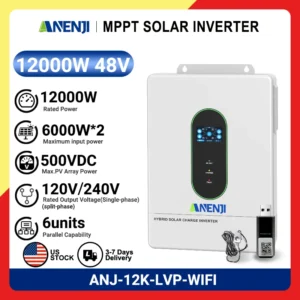 ANENJI 120V/220V 12KW hybrid solar inverter 48V photovoltaic split inverter with built-in 200A parallel solar charging control With WiFi