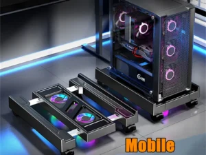 Mobile PC Tower Stand Adjustable Computer CPU Holder Telescopic Desktop Stand CPU Cart with RGB Cooling Fan Heat Dissipation