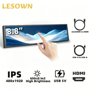 LESOWN 8.8/12.6 Inch Touch Ultra Wide Bar Monitor 1920x480 IPS Stretched LCD Display Portable Long Secondary Screen for Windows