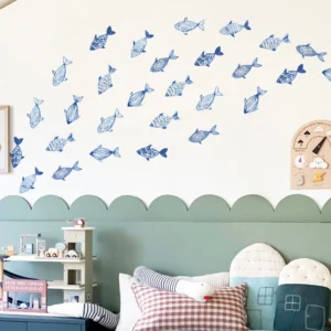 Hand drawn Watercolor Fish Wall Decals Waterproof Peel&Stick Wall Sticker Blue Geo Fish Sea for Boy's Kids Room