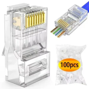 100pcs RJ45 Connector CAT6 Pass Through Connectors Crystal End Gold-Plated 8P8C Crimp UTP Standard Ethernet Network Modular Plug