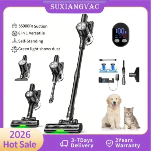 Cordless Vacuum Cleaner, 55Kpa/55Mins Vacuum Cleaners for Home, Anti-tangle Stick Vacuum with Self-Standing, Wall Mount Charging