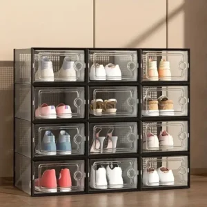 Stackable Shoe Storage Box 6/12 Pack Clear Plastic Stackable Shoe Storage Box | Space Saving Foldable Shoe Organizer for Closet