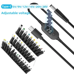 34PCS Universal 5.5x2.1mm DC AC Power Adapter Tips Connector Kits 140W PD USB C to 5.5X2.5mm 5V-28V Adjustable Voltage Cable