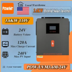 PowMr 3.6KW Solar Hybrid Inverter 120A MPPT Solar Charge 24V DC to 110VAC Pure Sine Wave Inverter Support Lifepo4 for Solar Home