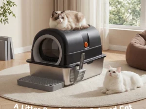 JHK 24IN Stainless Steel Cat Litter Box with Fully Enclosed 30L Large Cat Litter Box for Big Cats Cat Box Scoop and Mat Included