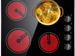 Karinear 4 Burners Electric Cooktop, 24 Inch Built-in, 220-240v, 6000W, Knob Control, Residual Heat Indicator,Hard Wire(No Plug)