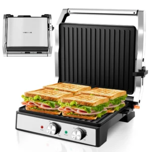 1500W 4-Slice Panini Press With Timer, Adjustable Temp & 180° Opening - Electric Grill, Stainless Steel Sandwich Maker