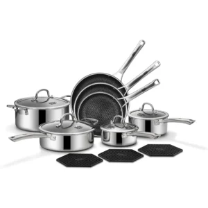 SNOWCLAD Pots and Pans Set Non Stick 14 Pcs Hybrid Stainless Steel Cookware Sets Non Stick Frying Pans Saucepans Saute Pan and
