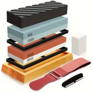 Professional Knife Sharpening Stone Set – 400/1000/3000/8000 Grit Whetstones, Bamboo Base, Angle Guide, Leather Strop