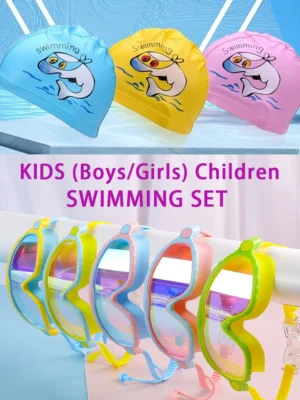 JSJM Kids Swimming Goggles Set for Boys & Girls 3-15 Years Big Frame HD View Anti-Fog Silicone Swim Goggles with PU Swimming Cap