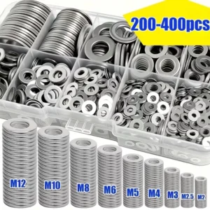 200/400pcs Stainless Steel Flat Washers Set (M2-M12) – Home DIY, Industrial Repair, Kitchen Decoration & Outdoor Maintenance