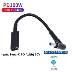 Type C to 4.5x3.0mm Plug Converter 100W USB C PD Fast Charging Cable for HP / Dell Laptop Charger DC 4.5*3.0