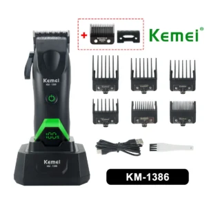 Kemei 1386 Men's Hair Clipper 8000RPM DLC Blade with Base Charger LED Display 2000mAh Professional Hair Cutting Machine Trimmer