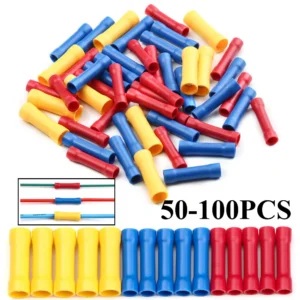 100PCS Red/Blue/Yellow Butt Connectors Crimp 12-10/ 22-16 AWG Butt Connector Fully Insulated PVC Wire Butt Splice Connectors