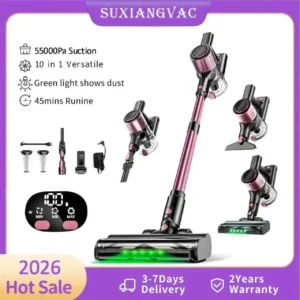 Cordless Vacuum Cleaner, 55Kpa 8 in 1 45Mins Rechargeable 3 Modes Suction Lightweight Vacuum for Pet Hair/Carpet/Hard Floor