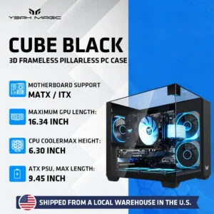 Yeah Magic CUBE Computer Case 3-Panel Tempered Panoramic View 3 Pre-Installed Cooling Fans Supports MATX/ITX Motherboard