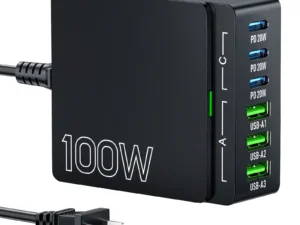100W 6-Port GaN Quick Charge Hub - PD 3.0 Type C and USB A Charging Case - for Cell Phone Tablet Laptop