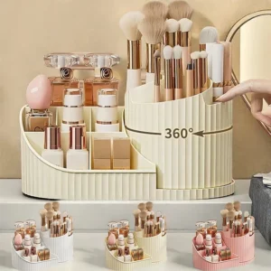 360° Rotating Vanity Makeup Organizer with Brush Holder, Large Spinning Cosmetic Storage for Skincare, Perfumes and Lotions