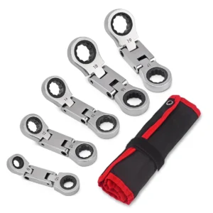 ABJZ Stubby Wrenches Set, Flex-Head Ratcheting Wrench Set Double Box End Ratchet Wrench Metric 8-19mm 5 Pieces