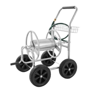 SucceBuy Hose Reel Cart 250ft Heavy Duty Garden Water Yard Planting w/ Basket Effortless Roll-up Versatile Application Steel
