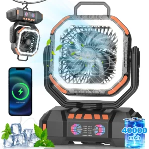Portable Camping Fan Rechargeable 40000mAh Battery Operated Oscillating Fan USB C Battery Powered with LED Lantern, Head Rotation,Timer, Remote Auto, Hook for Tents Travel Outdoor Beach