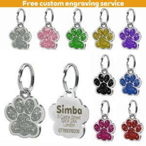 Free Personalized Dog Cat Plate Tags Engraved Puppy Pet ID Name Collar Tag Alloy Paw Glitter Pendant Pets Dogs Accessories