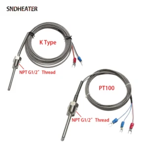 SNDHEATER K Type PT100 Thermocouple Sensor NPT G1/2" Thread Stainless Steel Adjustable Probe 6x50/100/150/200MM Wire 1/2/3/4/5M