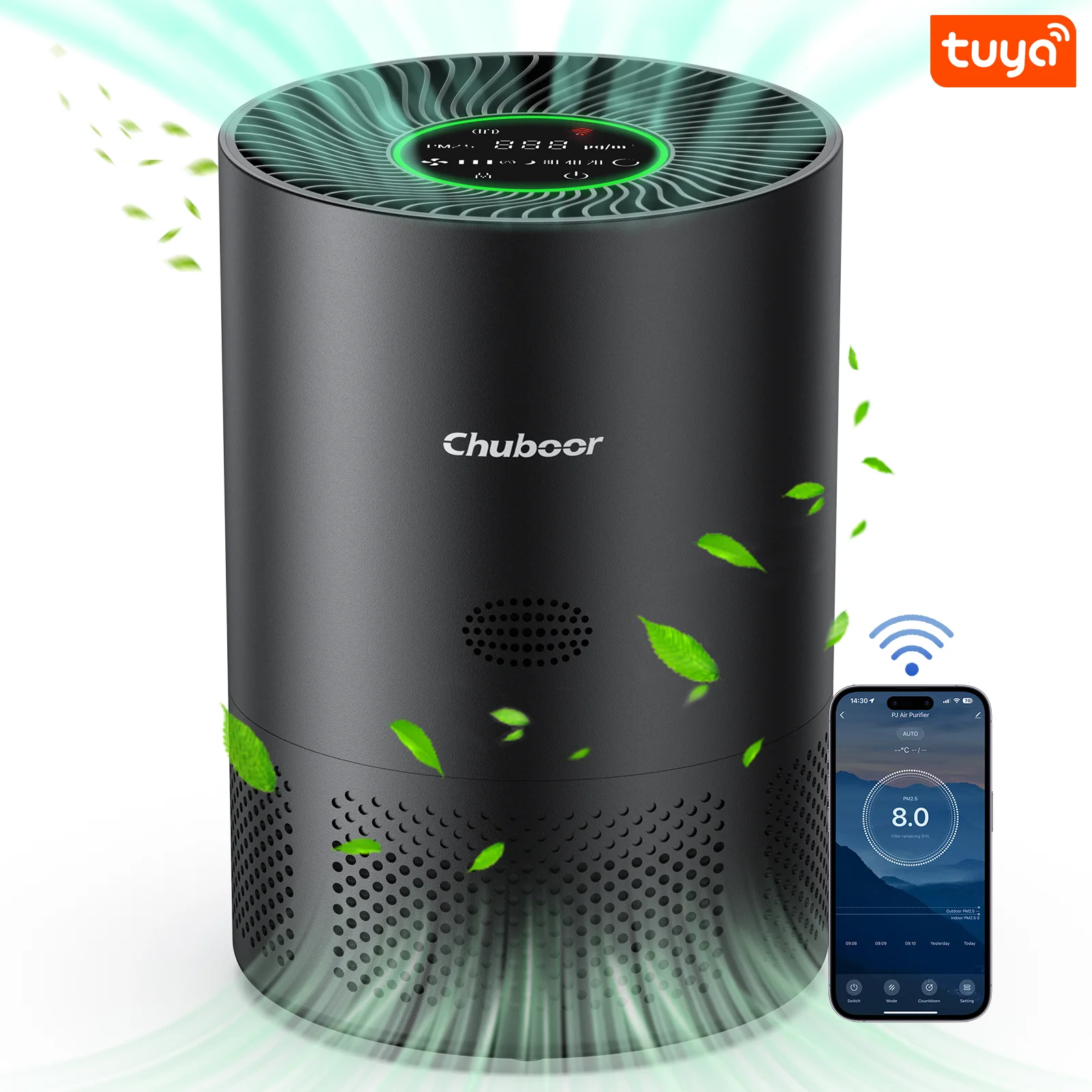 Chuboor Air Purifiers for Home H13 True HEPA for Bedroom Room kitchen washroom for Smoke and Dust Pollen Odors PM2.5 Detection 185m ³/h CADR supports Tuya app for 30-40 square meters of Clean Purifier Effectively improve air quality allergen