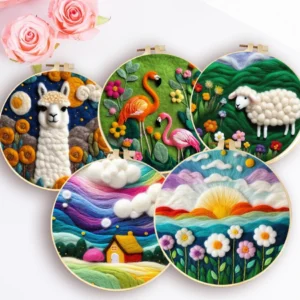 GATYZTORY 20x20cm Frame DIY Wool Needle Felting Starter Embroidery Kits DIY Wool Animal Needle Felt Picture Kit Craft Paintings