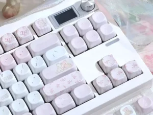 Little Bear Flower Cambodia MOA Cherry Pink White Keycap Set PBT 124 Key Cute Cartoon Keycap Suitable for MX Mechanical Keyboard