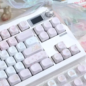 Little Bear Flower Cambodia MOA Cherry Pink White Keycap Set PBT 124 Key Cute Cartoon Keycap Suitable for MX Mechanical Keyboard