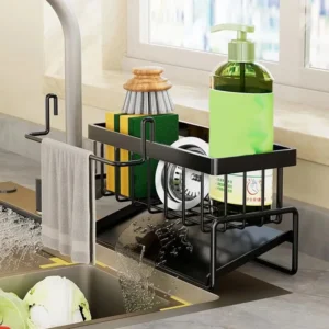 1-Pack Kitchen Sink Organizer Caddy - Metal Storage Rack with Drain Tray , Corner Smooth Design to Keep Sink Area Tidy & Dry