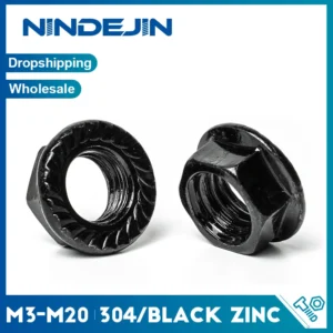 NINDEJIN Black Flange Nut Carbon Steel Serrated Flange Locknut M3 M4 M5 M6 M8 M10 M12 Serrated Lock Nut Spinlock Hexagon Nut