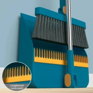 Folding Dustpan & Broom Set – Extra Thick Mounting Teeth, Clip Swivel Long Handle, Space Saving Storage