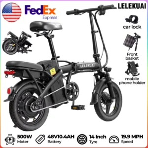 Adult and adolescent folding electric bicycles, 14 inch 500W 24MPH 48V 10Ah battery, 3-level pedal assist, 14 inch foldable mini