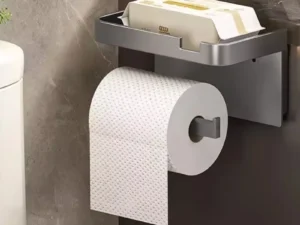 Wall-Mounted Toilet Paper Holder with Phone Rack - No Hole Installation, Space-Saving Storage for Bathroom, Sturdy Stand