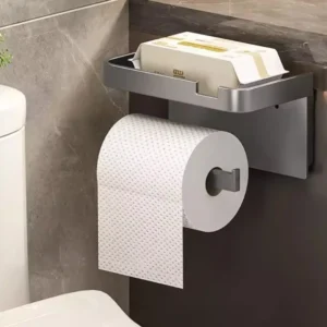 Wall-Mounted Toilet Paper Holder with Phone Rack - No Hole Installation, Space-Saving Storage for Bathroom, Sturdy Stand