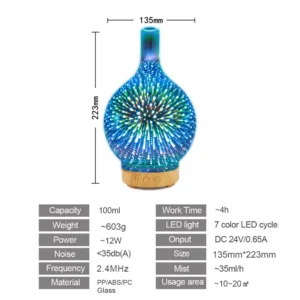 X09A3D Firework Glass USB Air Humidifier with 7 Color Led Night Light Aroma Oil Diffuser Cool Mist Maker Black EU Plug