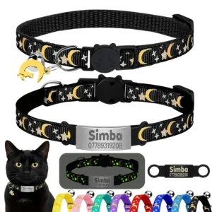 Customized Cute Glow Cat Collar Free Engraved Puppy Kitten Anti-lost Pet ID Nameplate Necklace With Bell & Moon Ornament