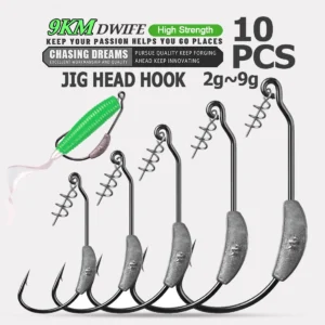 9KM 5-10Pcs Ewg Hook Weighted with Screw 2g~9g Worm Soft Lure Hook for Bass Saltwater Freshwater