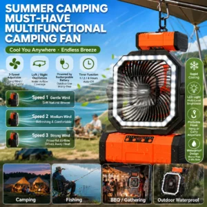 Outdoor Camping Fan 20000mAh Rechargeable Fan with LED Lantern & Remote for Fishing Travel, 4 Speeds 8H Timer, Hanging Hook Bluetooth Fan