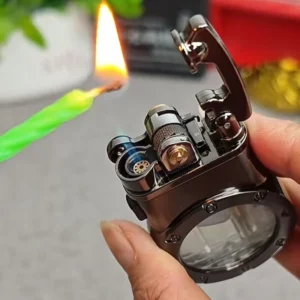 Metal Dual Fire Arm Lighter Outdoor Windproof Transparent Window Inflatable Dual Fire Conversion Portable Lighter Men's Gift